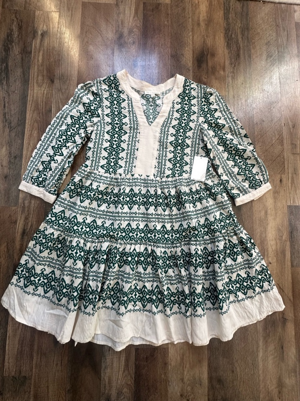 NWT Anthropology fig and flower Cream Dress with Green Geometric Print